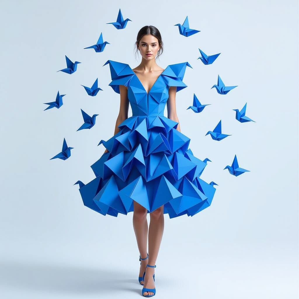 Woman in Blue Origami Bird Dress, Minimalist Fashion Photo