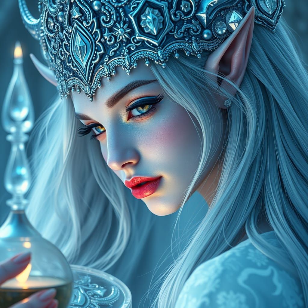 Surreal Tiefling Lady with Silver Hair and Blue Eyes