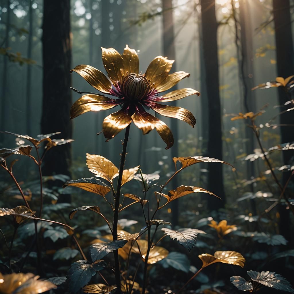 Metallic Flower Blooms in Misty Forest: Industrial Fauvism