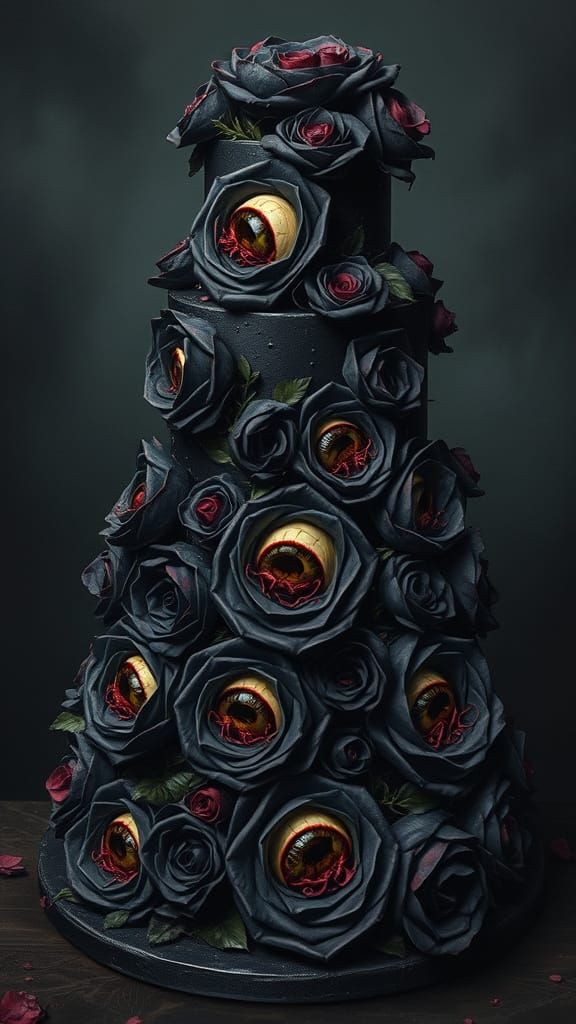 Gothic Cake with Macabre Details and Black Roses