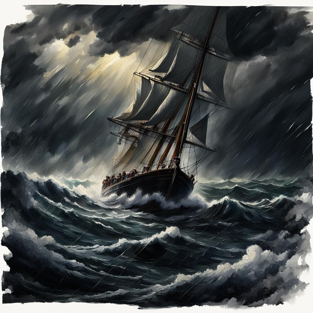 Sailing Boat Battles Stormy Seas: Ominous Oil Painting