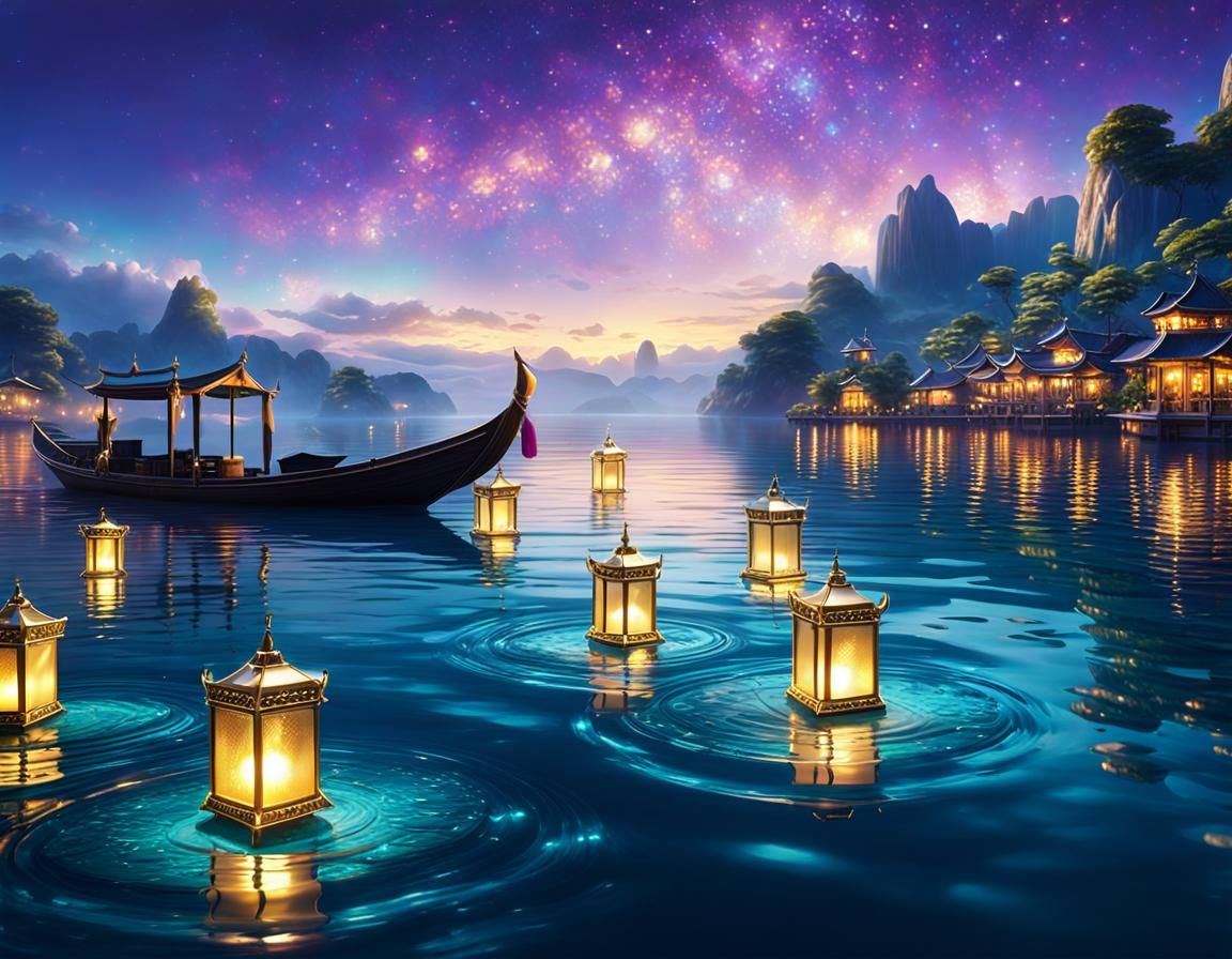 Ethereal Floating Lanterns on Twilight Sea: Fantasycore Art