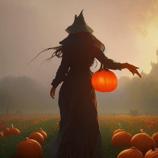Witch in Floating Pumpkin Patch, Hyperdetailed Concept Art