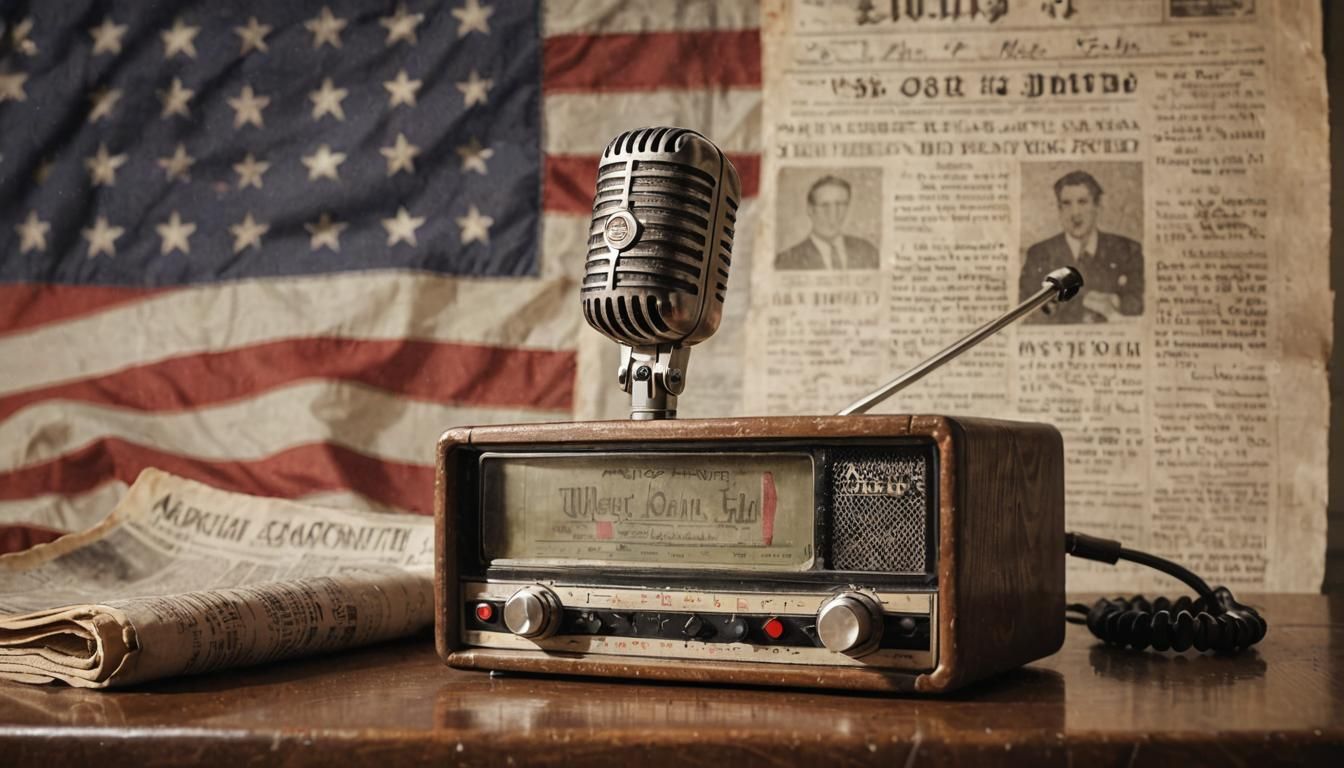 Double Exposure: Radio, Newspaper, and American Flag