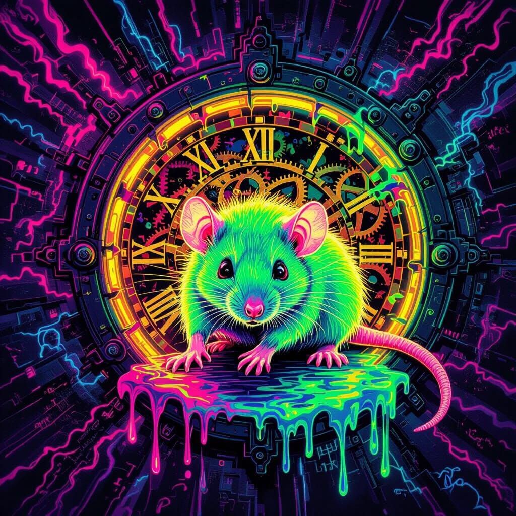 Evil Neon Rat Through Glowing Keyhole