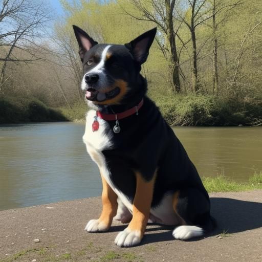 Dog Contemplates Bone on Sunny Riverbank