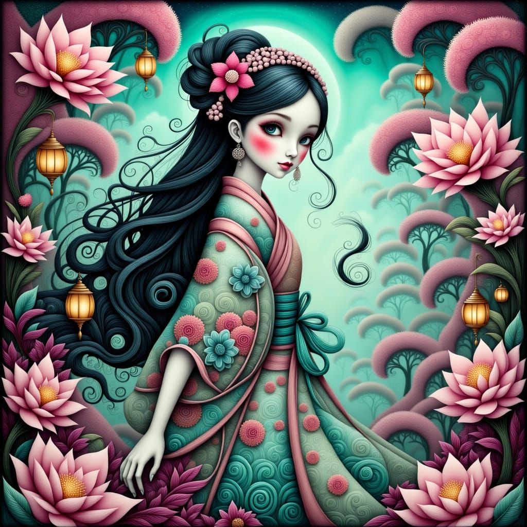 Surreal Geisha in Dreamlike Japanese Garden