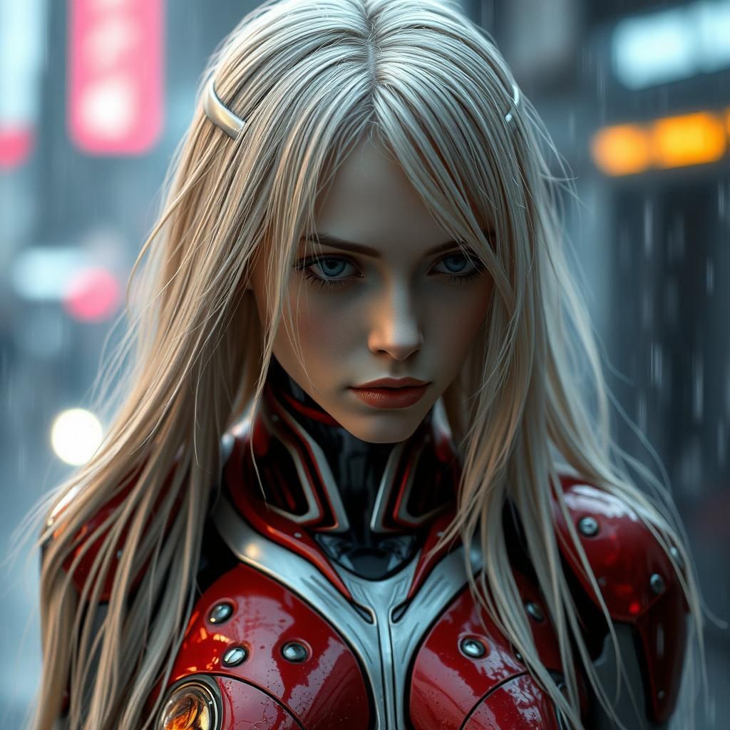 Ethereal Cyborg Woman in Dystopian Rain