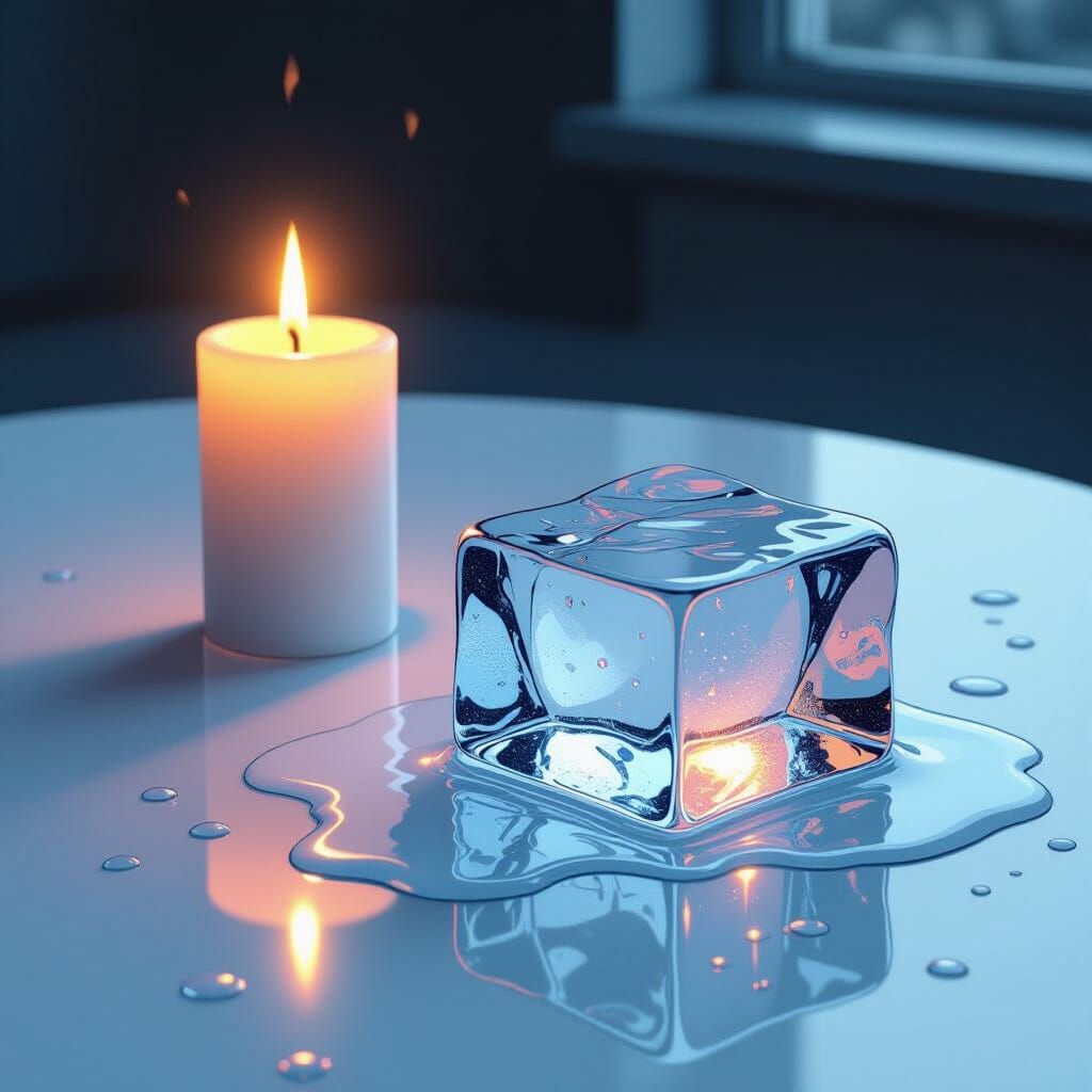 Melting Ice Block and Candle in Comic Book Art Style