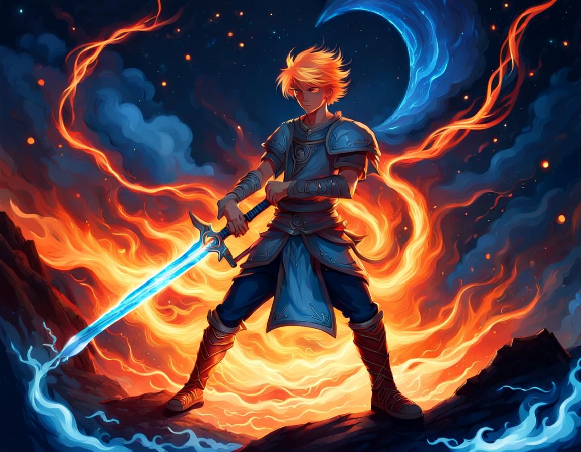 Boy with Celestial Sword in Fire and Moonlight