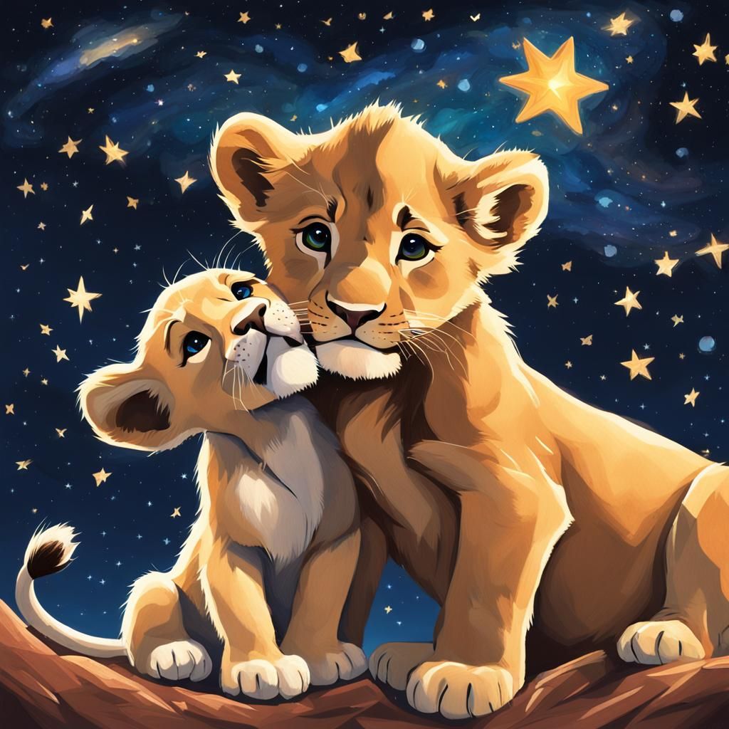 Lion King Reunion: Cub, Puppy, and Lion Under Stars