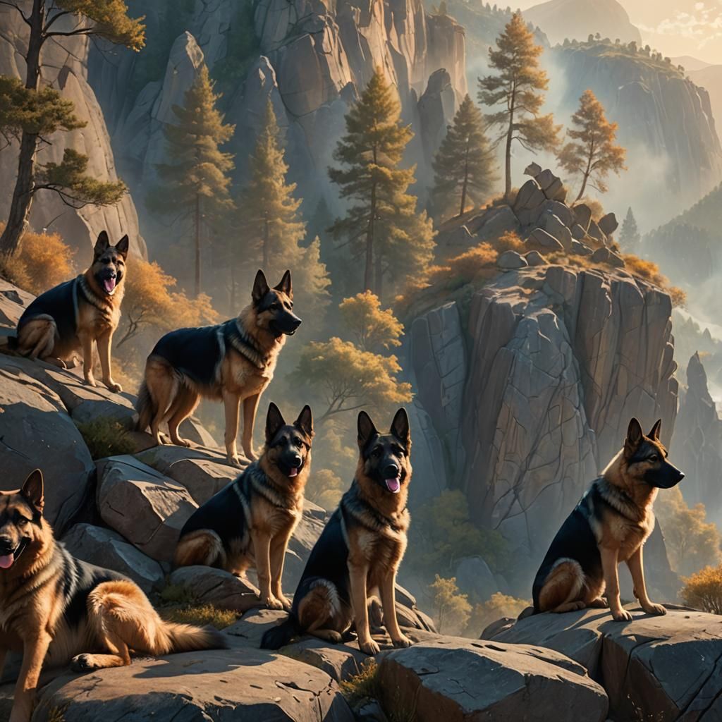 German Shepherds Gaze Over Rugged Cliff: Fantasy Art