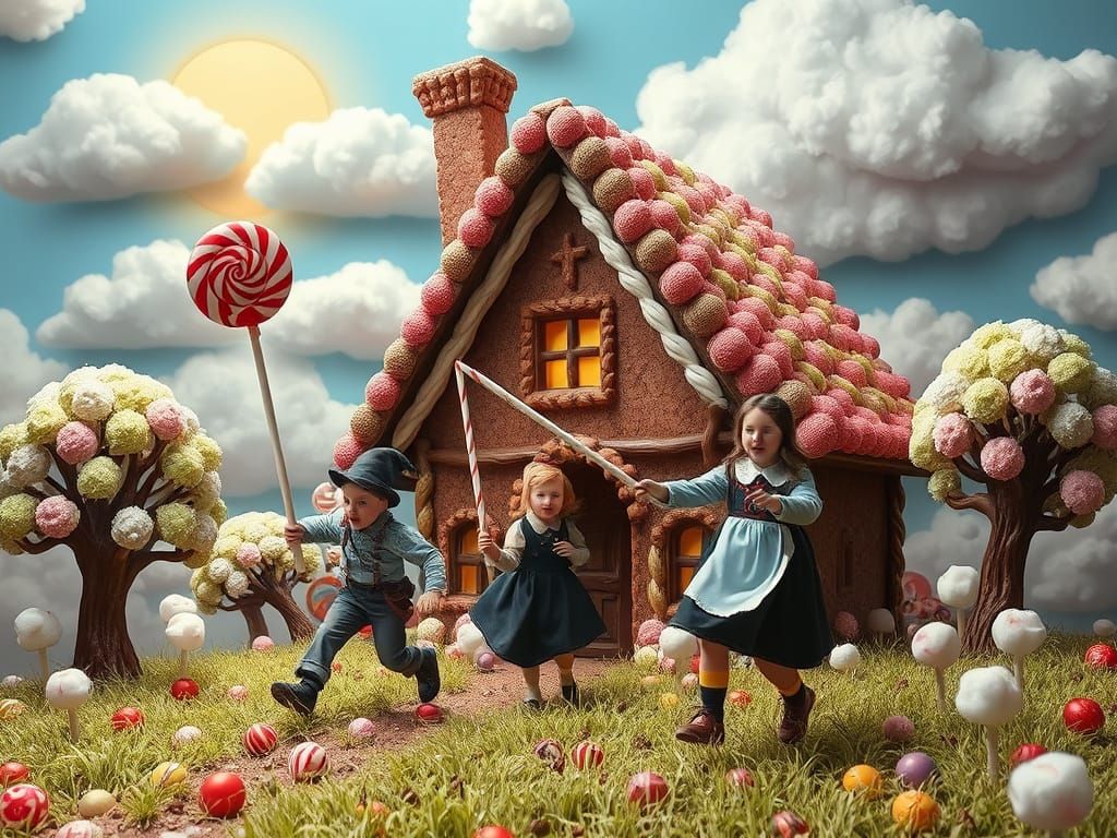 Evil Hansel & Gretel Chase Witch Through Candy World