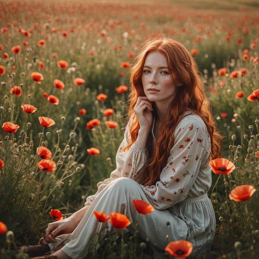 Woman with Red Hair in Poppy Field Portrait