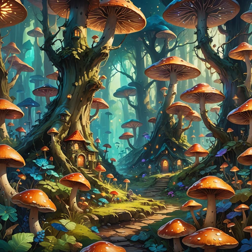 Glowing Mushroom Village: Fantasy Concept Art