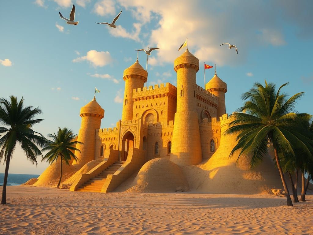 Golden Sand Fortress on Serene Beach at Sunset