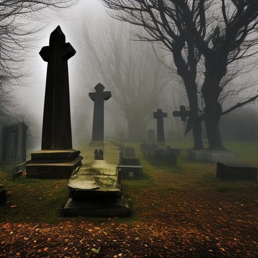 Creepy Cemetery with Crosses in Foggy, Dark Scenery