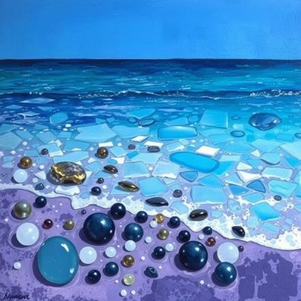 Colorful Beach Glass on Purple Sand in Oil Painting Style