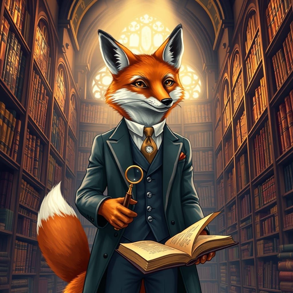 Fox Detective in Library, Storybook Illustration