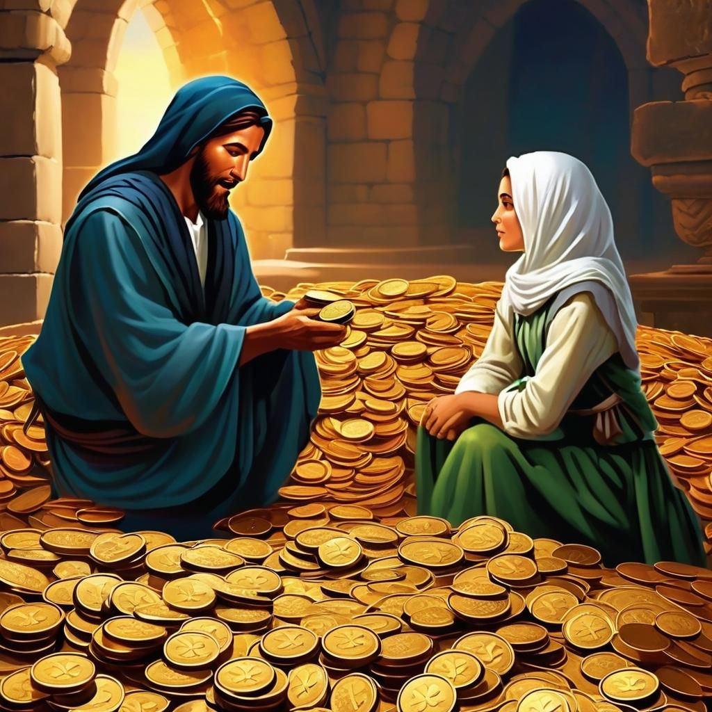 Jesus and the Widow's Offering: Oil Painting