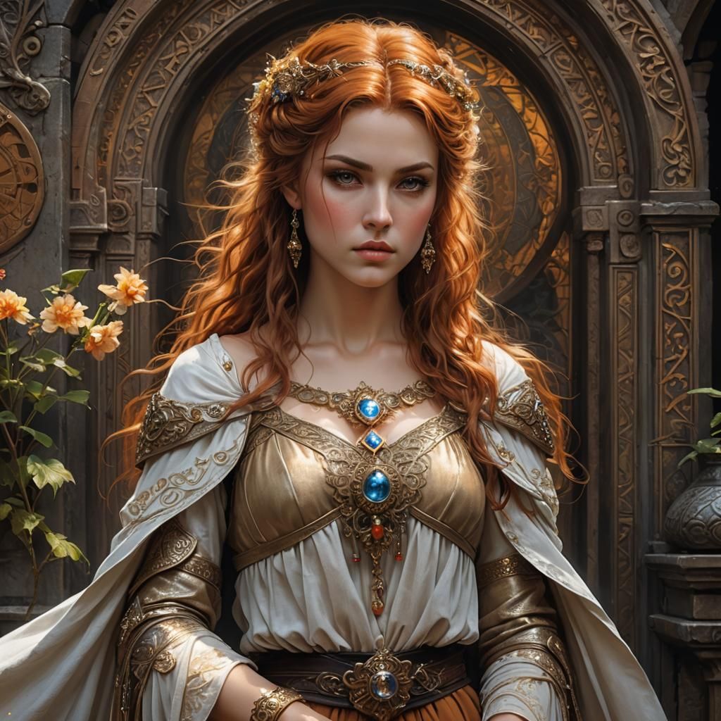 Fox Woman in Medieval Dress, Art Nouveau Portrait