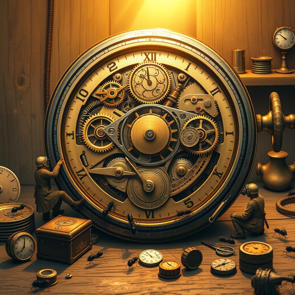 Clockwork Engineers Tend to a Vintage Pocket Watch in Steamp...