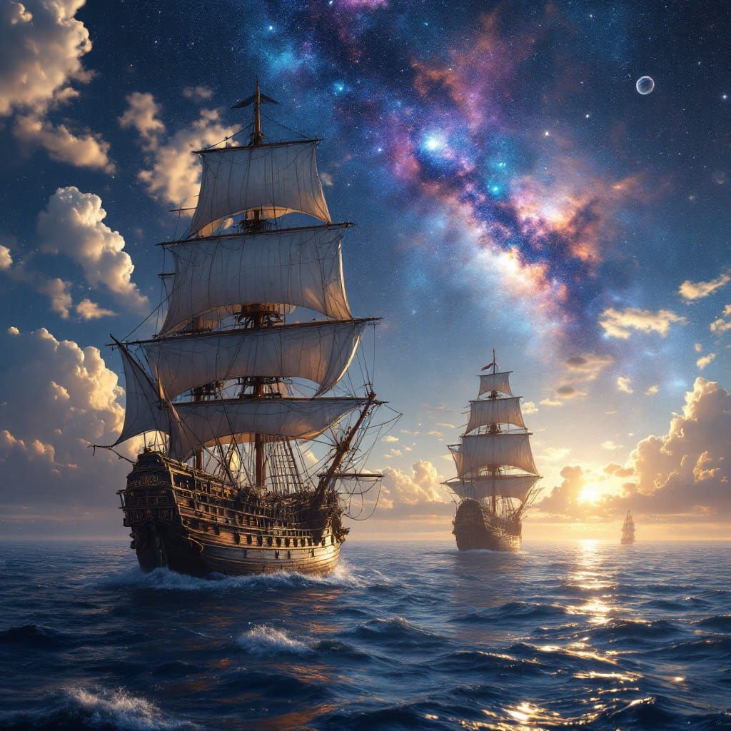 Sail Ships Navigate Galaxy in Dreamy Ethereal Style