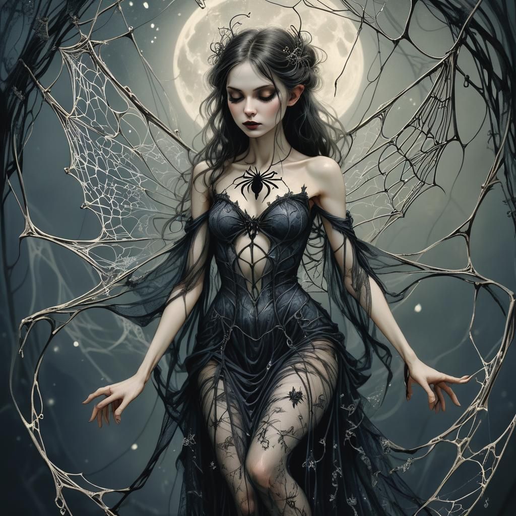 Gothic Fairy in Spiderweb Dress: Rackham-esque Art