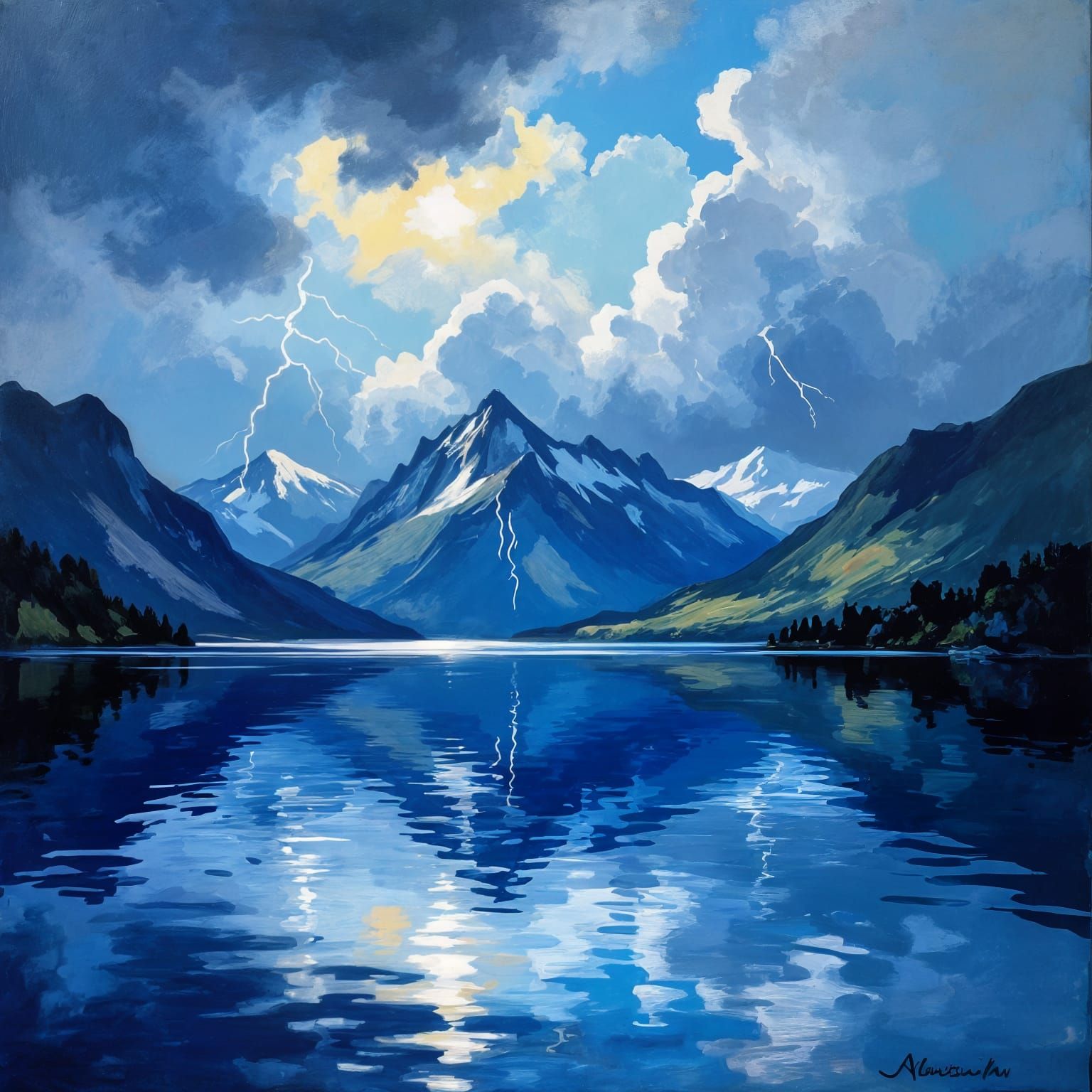 Impressionist Seascape: Stormy Mountain Lake Reflection