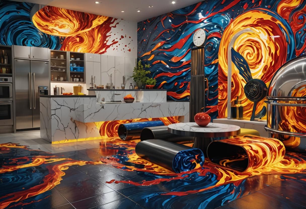Photorealistic Kitchen with Fiery Reds and Ocean Blues