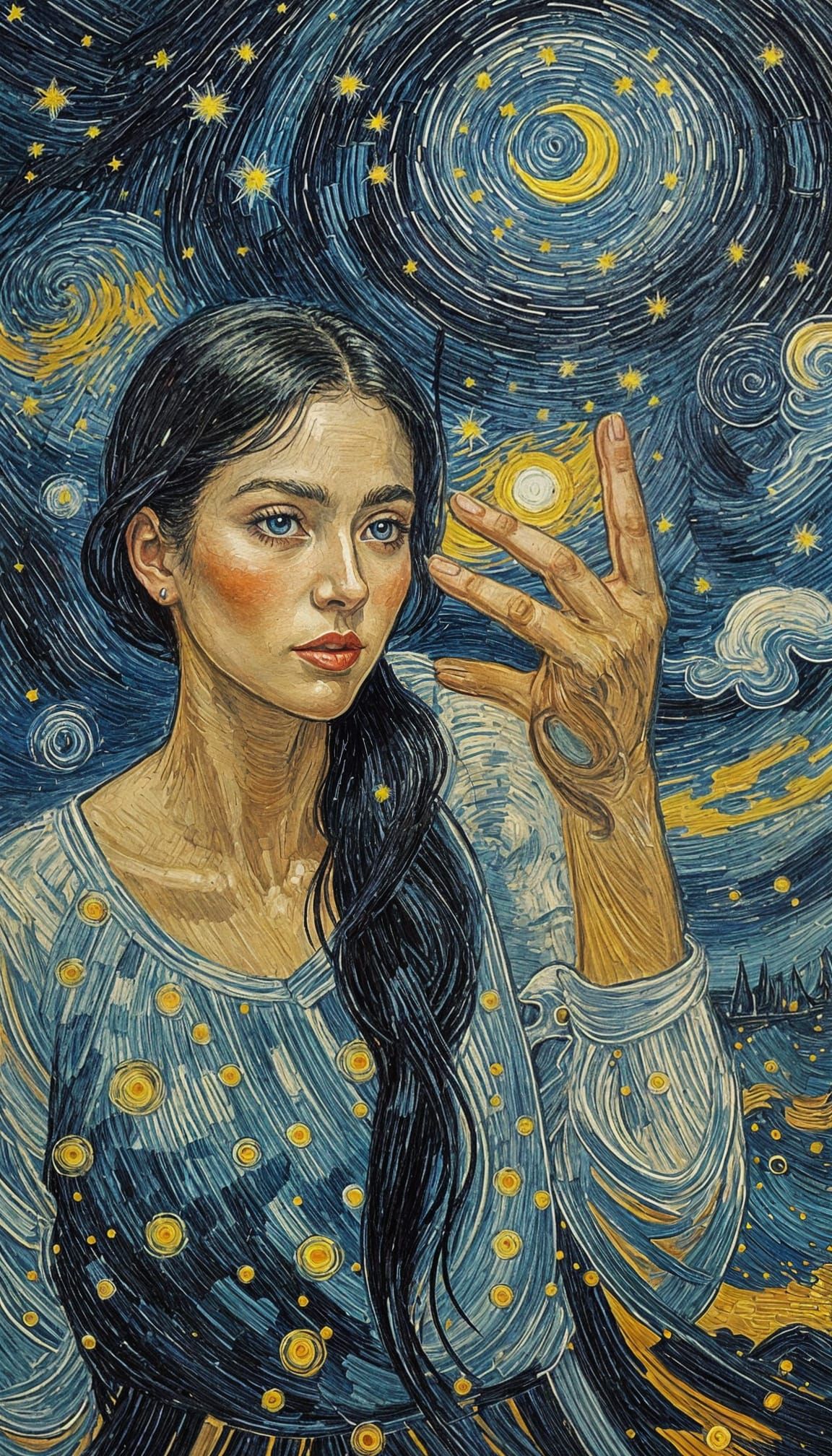 Expressionist Maiden Portrait with Swirling Clouds