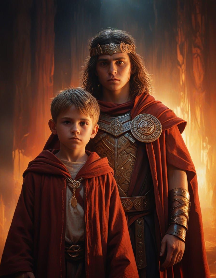 Child Barbarian and Priest Duo in Grunge Oil Painting