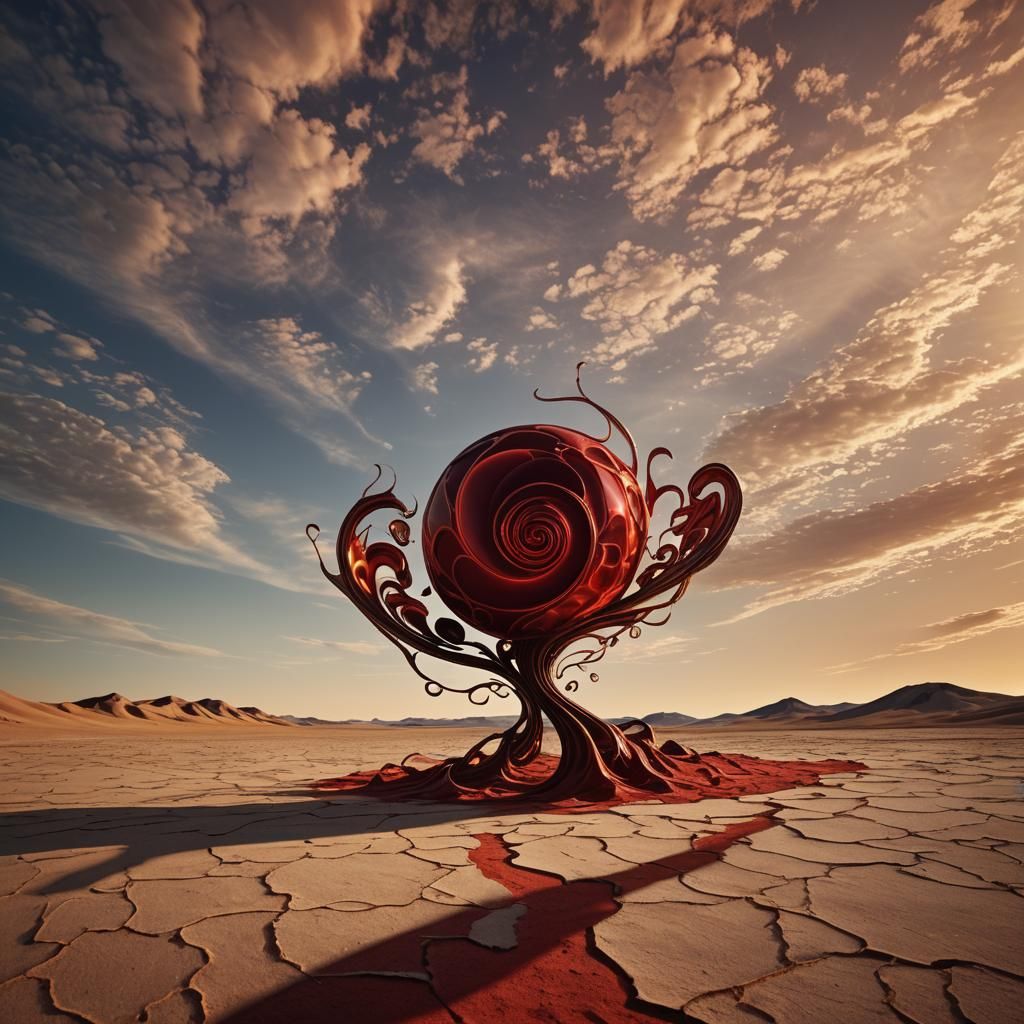 Dreamlike Object in Surreal Crimson Landscape