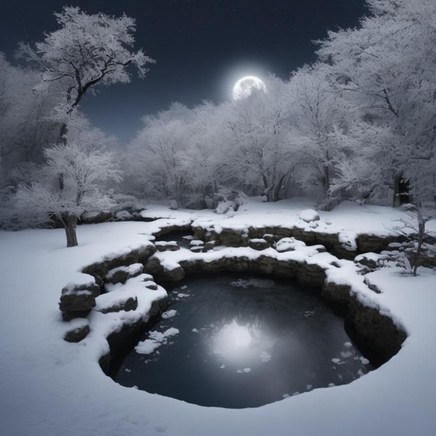 Snowy Japanese Garden Under Moonlight