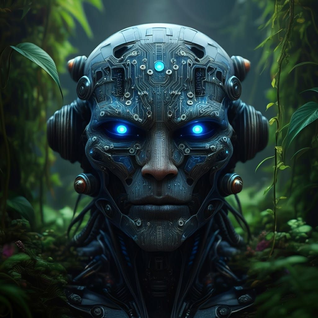 Cybernetic Creature with Glowing Blue Circuits in Fantasy Ar...