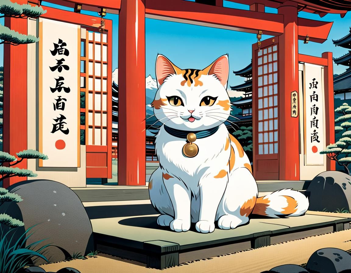 Wise Cat at Shinto Temple in Ukiyo-e Style