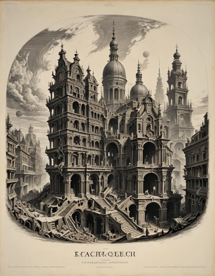 Baroque Ruins of Fictional City in Dark Academia Style