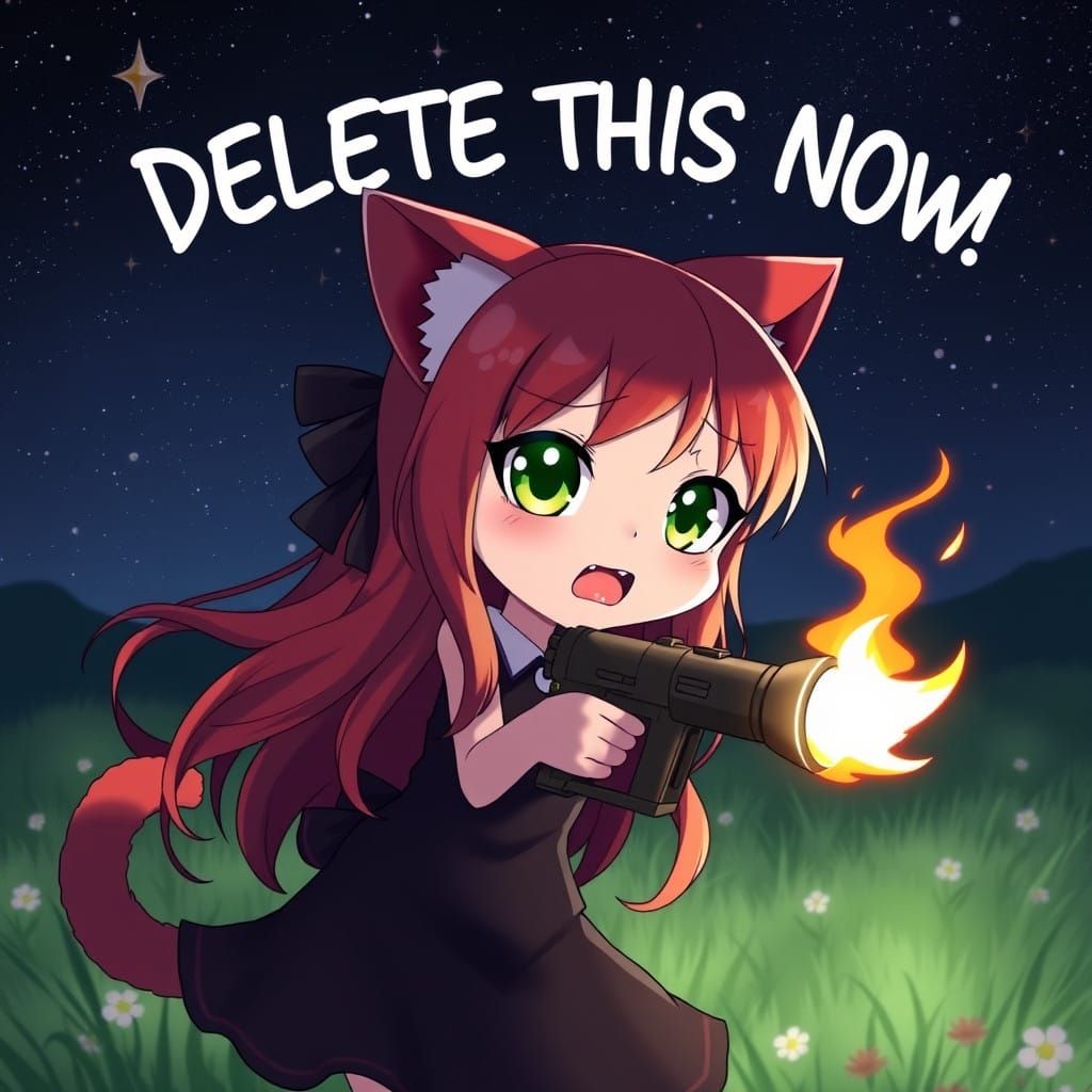 Anime Catgirl Waits for Doom in a Dark Serene Meadow