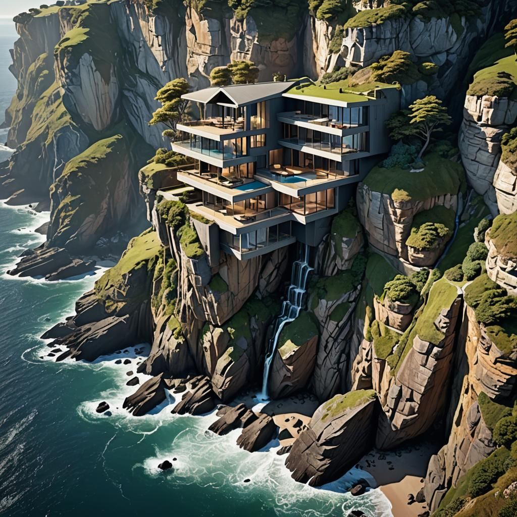 Impossible Cliffside House with Waterfall: Hyperrealistic Ar...
