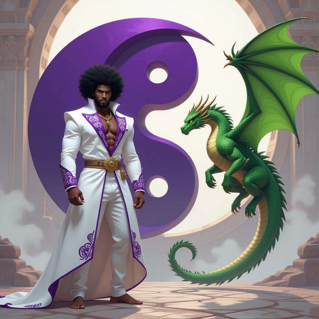 African Warrior with Green Dragon Before Yin Yang