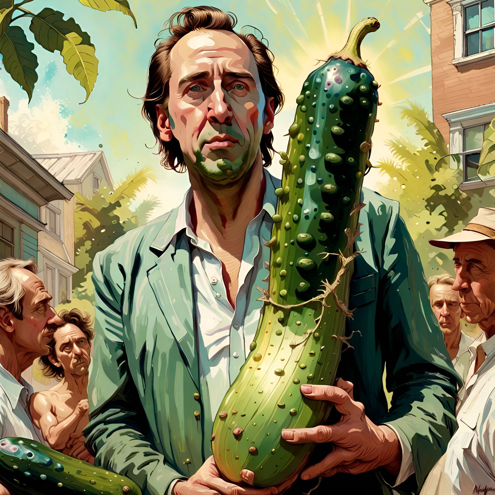 Nicholas Cage Portrait with Giant Pickle