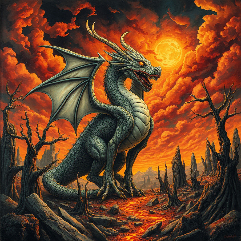 Dragon-Woman Hybrid in Surreal Wasteland Painting