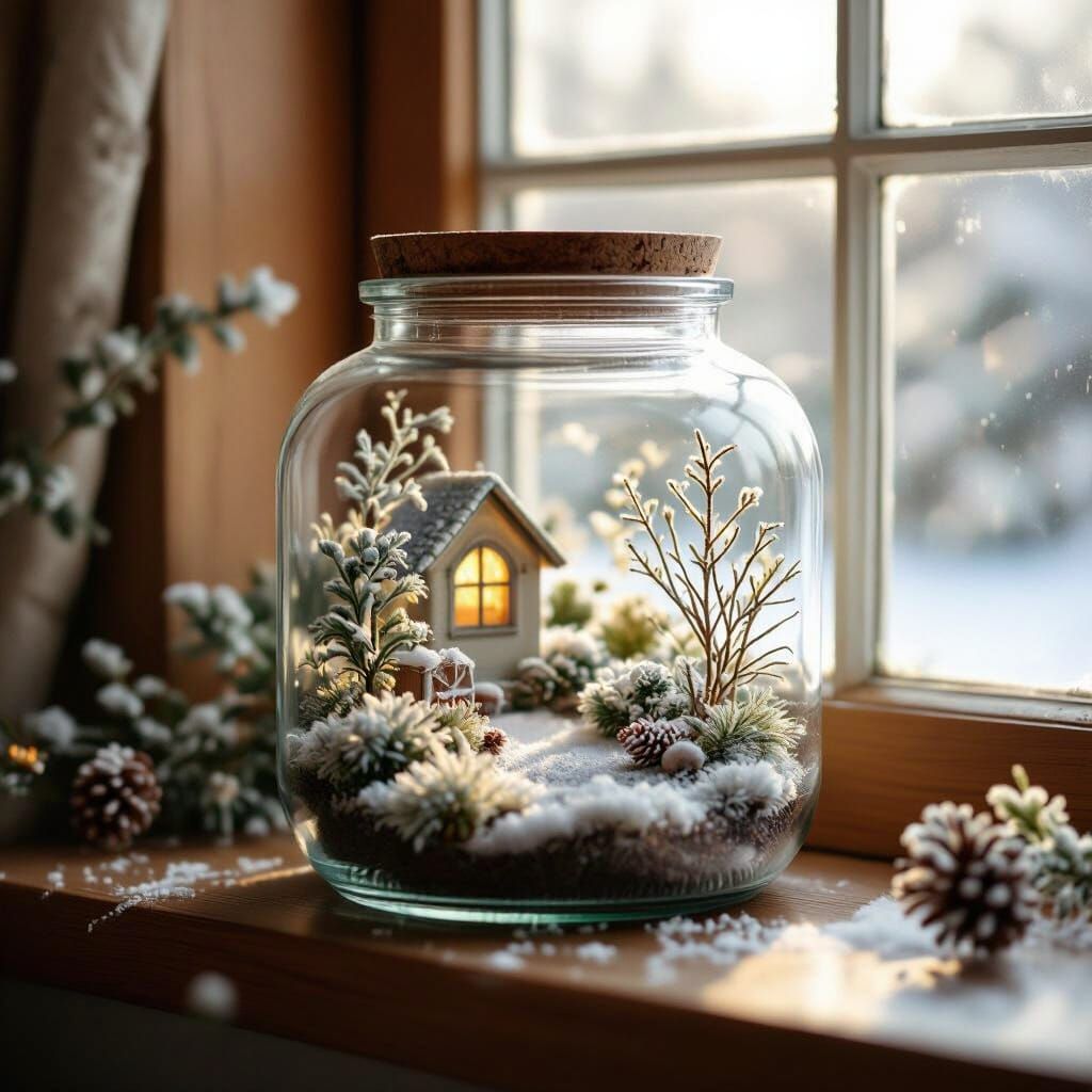 Cosy Miniature Garden in a Jar on Winter Morning