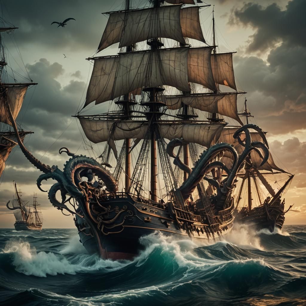 Kraken Attacks Sailing Ships: Cinematic Film Still