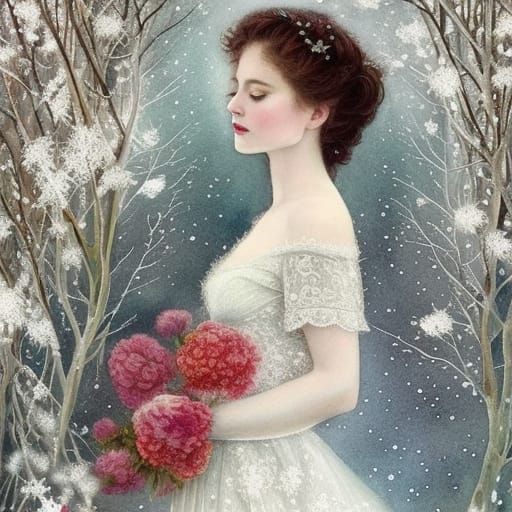 Woman in Lace Dress with Flowers, Watercolor Portrait