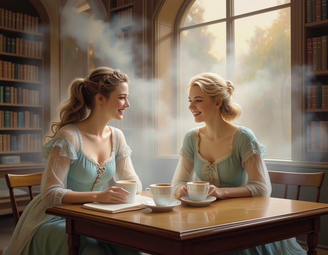 Ethereal Fantasy Scene with Women at Table