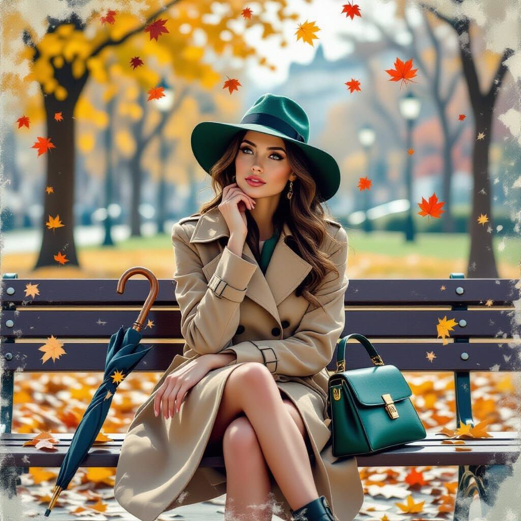 Autumn Woman on Park Bench in Collage Style