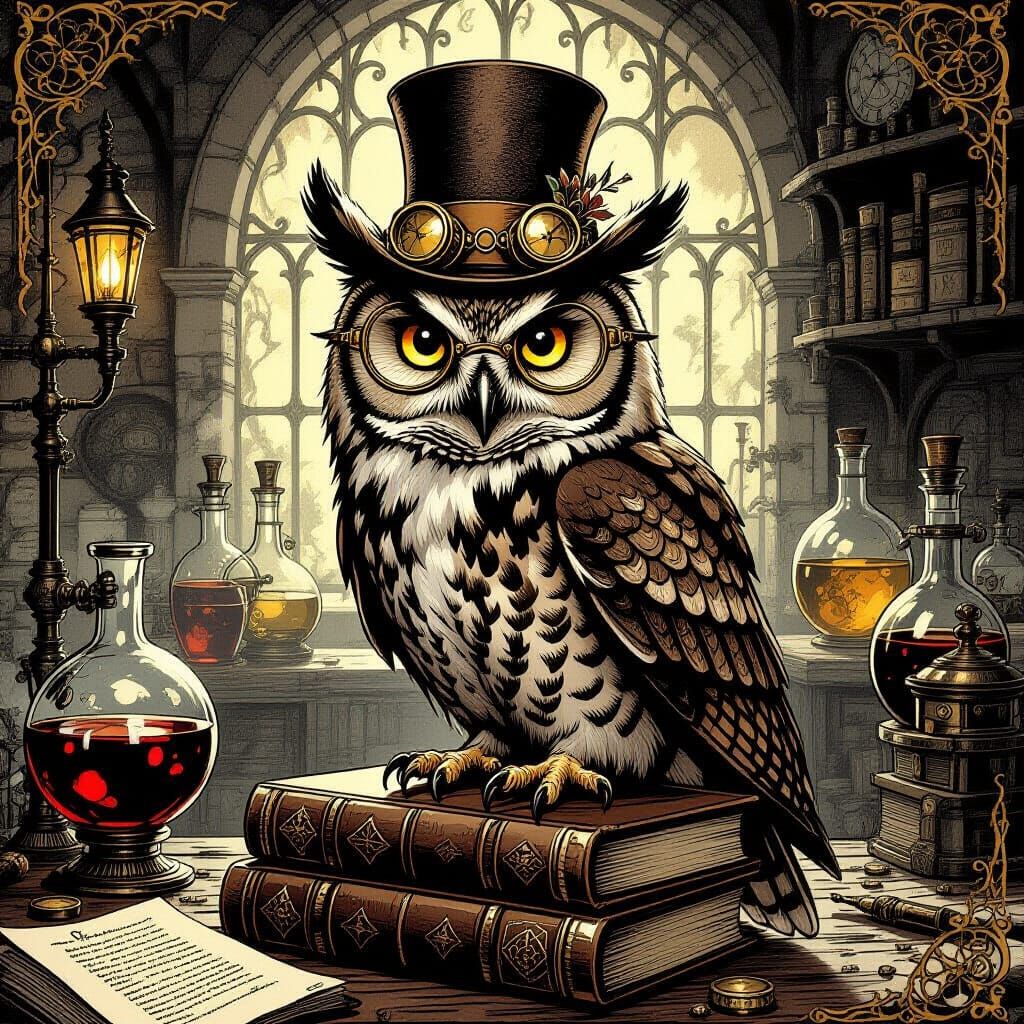 Steampunk Owl on Spellbooks in Victorian Dark Fantasy Style