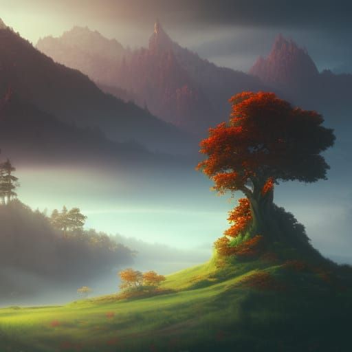Red Tree on Hill: Epic Digital Matte Painting