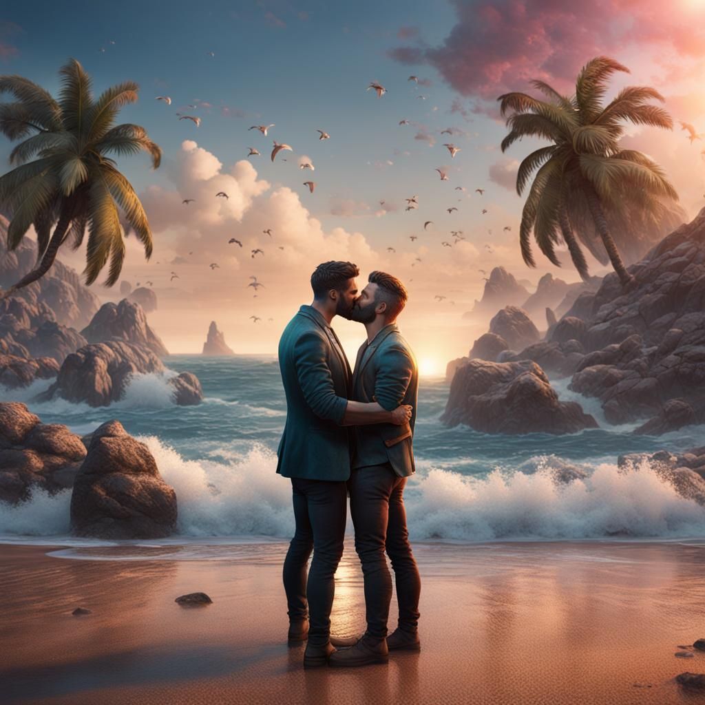 Gay Men Kissing at Beach in Detailed Matte Painting